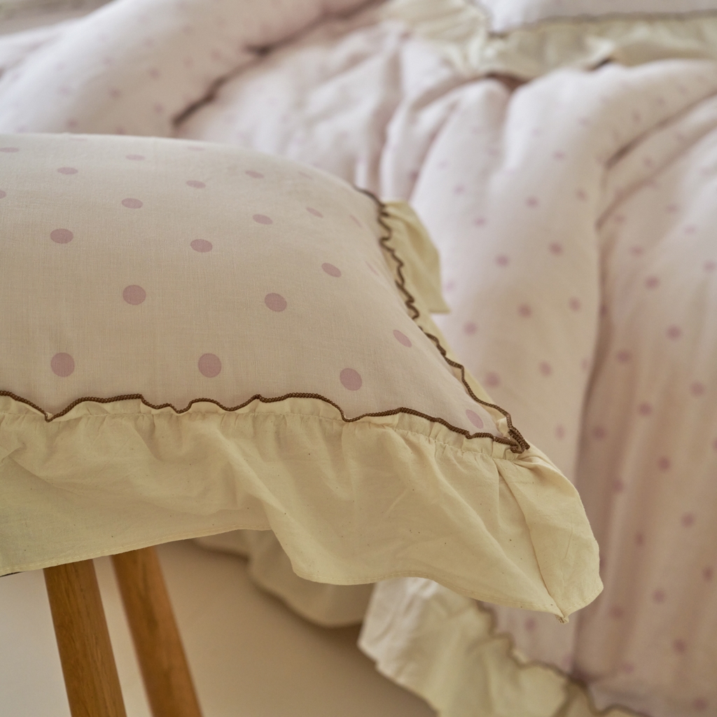 91家纺网 家纺一手货源 找家纺 洋铭区（原狠狠爱） 2025新款法式荷叶边全棉双层纱四件套系列 紫韵圆点