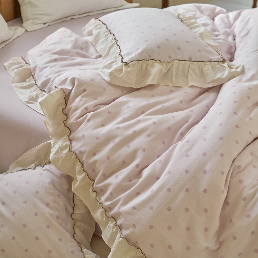 91家纺网 家纺一手货源 找家纺 洋铭区（原狠狠爱） 2025新款法式荷叶边全棉双层纱四件套系列 紫韵圆点