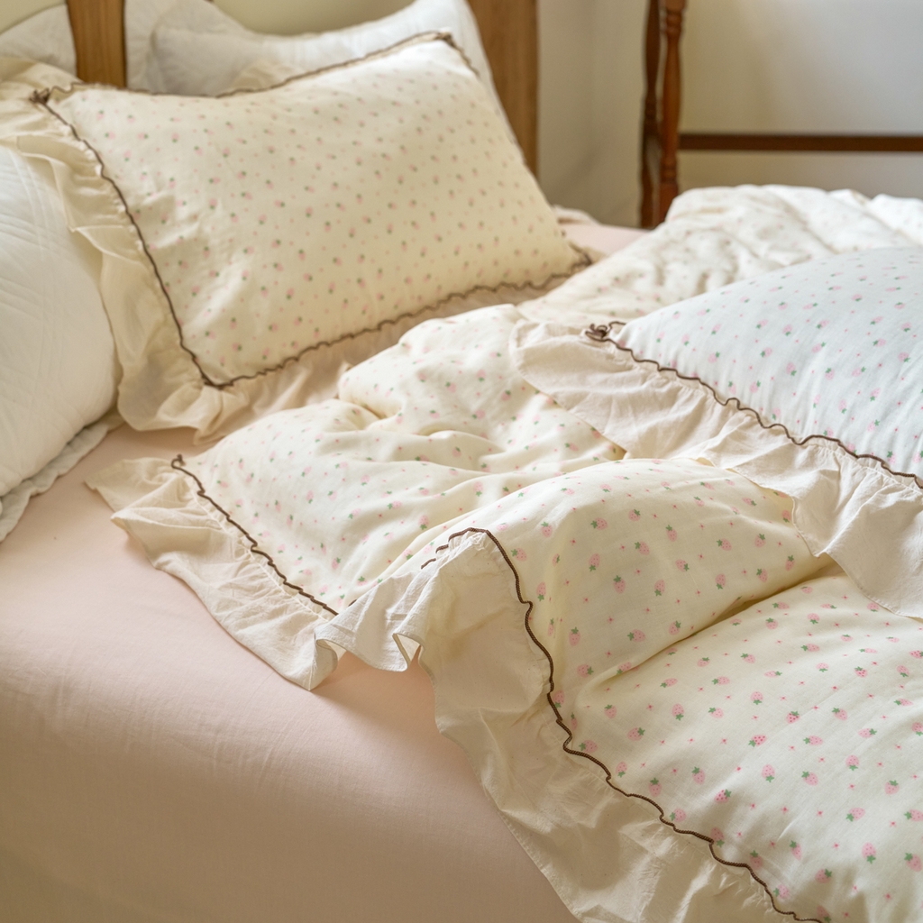 91家纺网 家纺一手货源 找家纺 洋铭区（原狠狠爱） 2025新款法式荷叶边全棉双层纱四件套系列 糖糖草莓