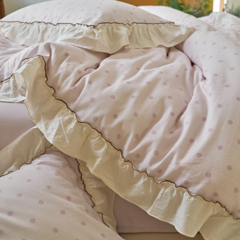 91家纺网 家纺一手货源 找家纺 洋铭区（原狠狠爱） 2025新款法式荷叶边全棉双层纱四件套系列 紫韵圆点