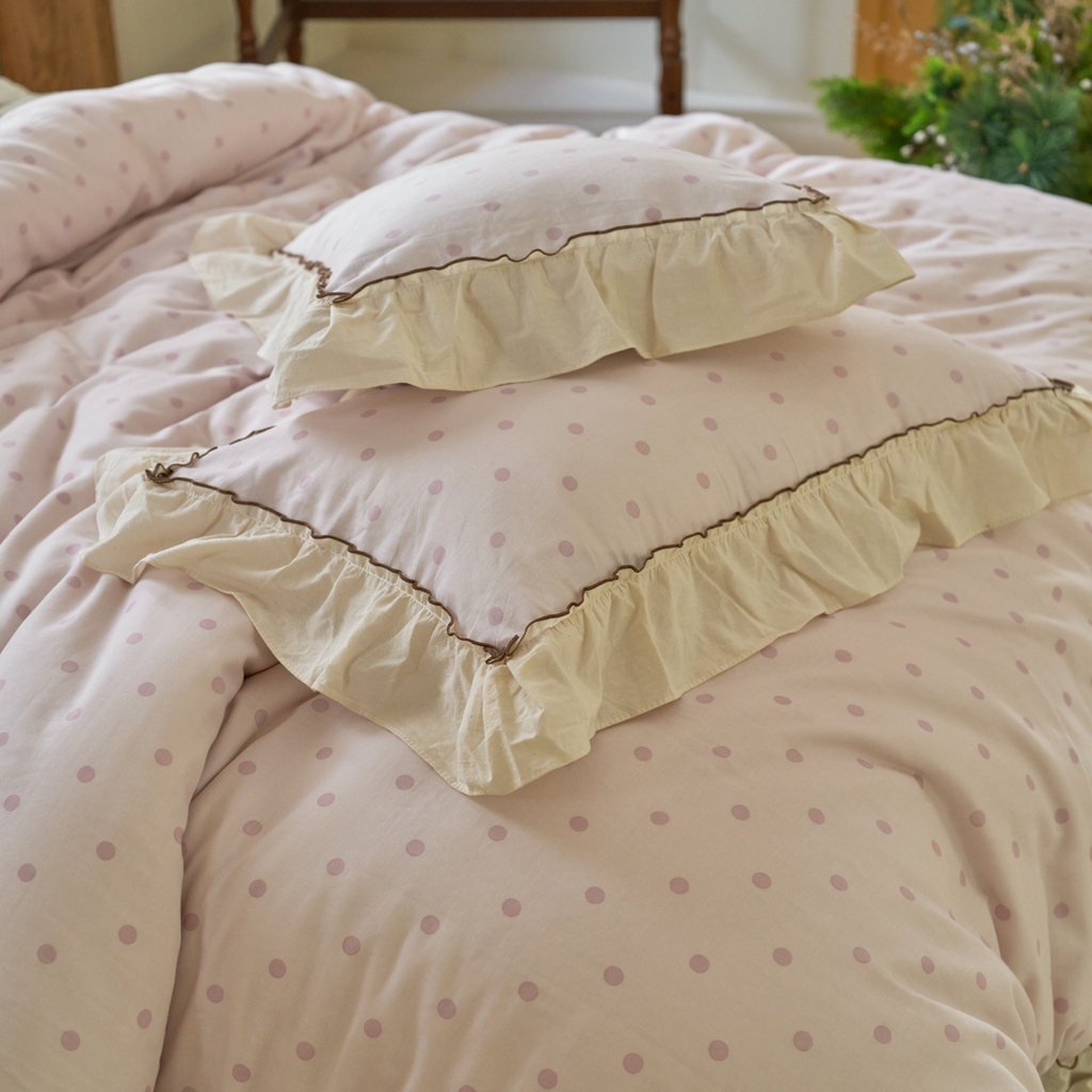 91家纺网 家纺一手货源 找家纺 洋铭区（原狠狠爱） 2025新款法式荷叶边全棉双层纱四件套系列 紫韵圆点