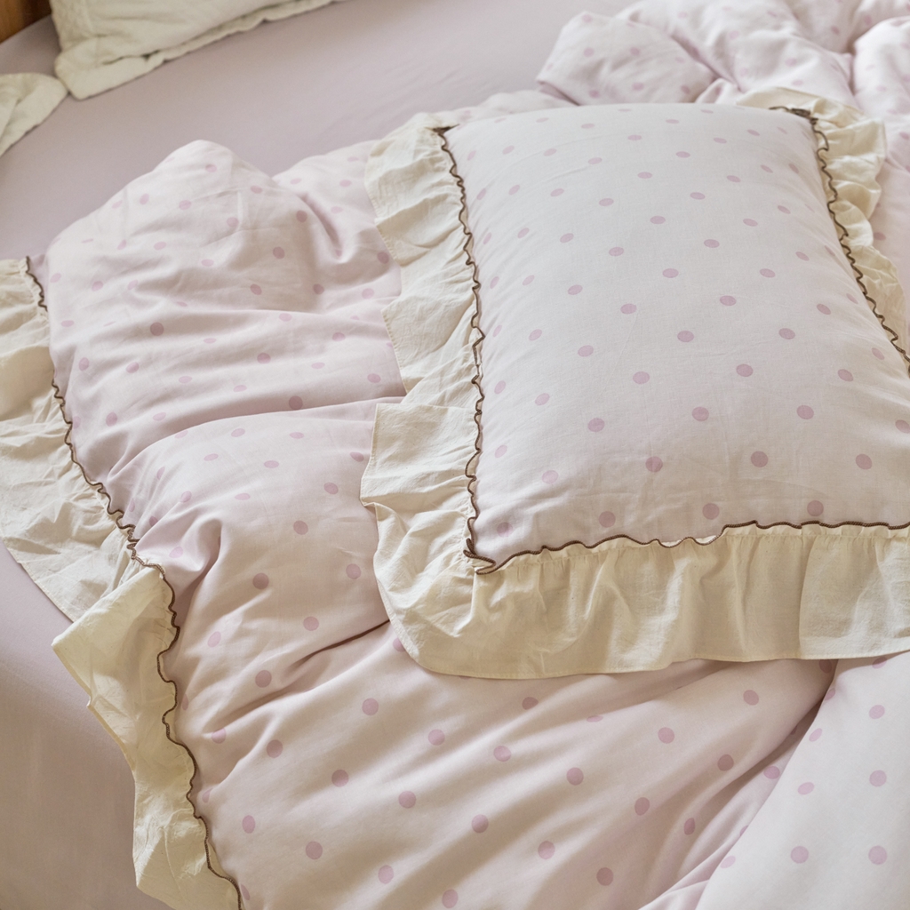 91家纺网 家纺一手货源 找家纺 洋铭区（原狠狠爱） 2025新款法式荷叶边全棉双层纱四件套系列 紫韵圆点