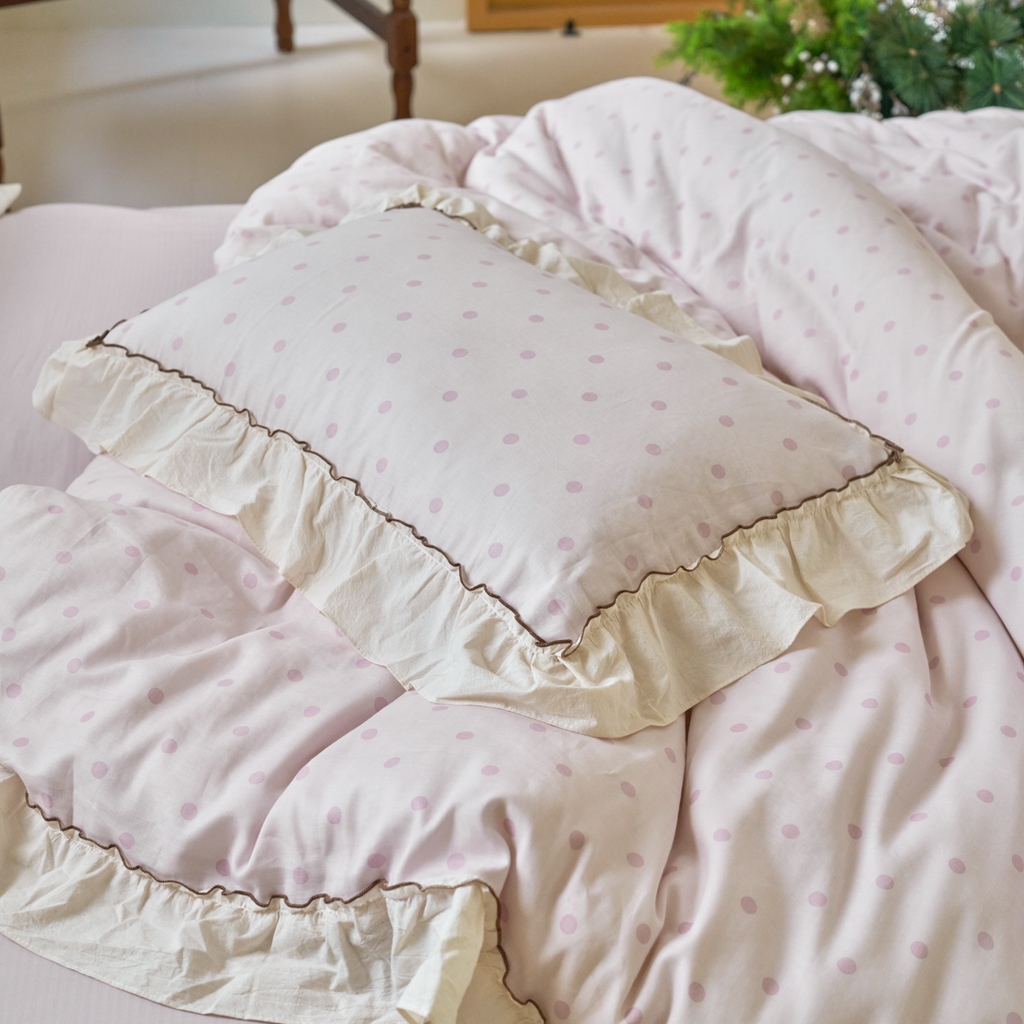 91家纺网 家纺一手货源 找家纺 洋铭区（原狠狠爱） 2025新款法式荷叶边全棉双层纱四件套系列 紫韵圆点