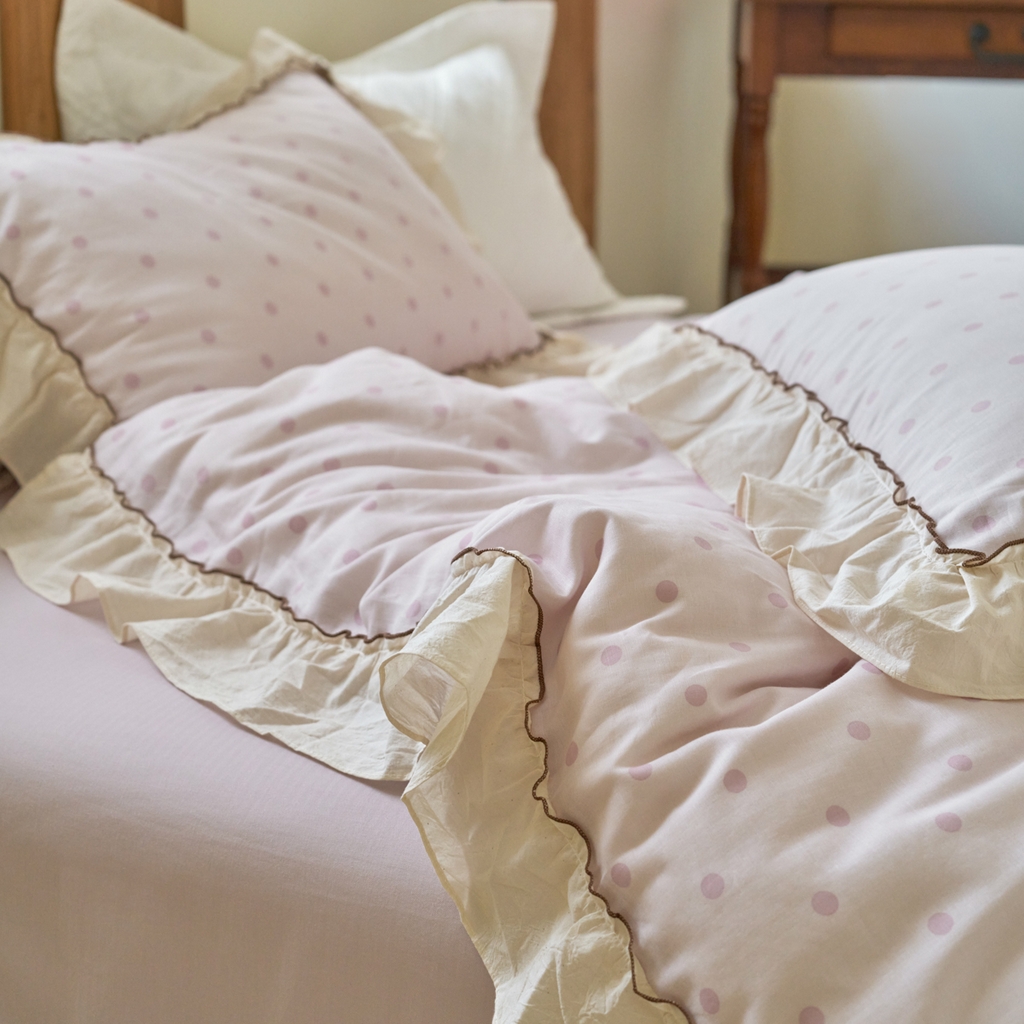 91家纺网 家纺一手货源 找家纺 洋铭区（原狠狠爱） 2025新款法式荷叶边全棉双层纱四件套系列 紫韵圆点