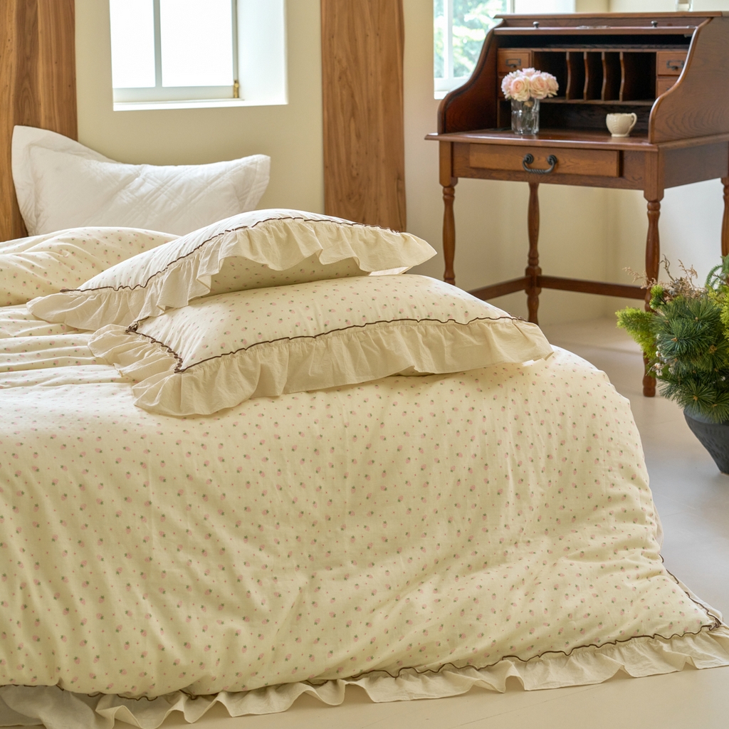 91家纺网 家纺一手货源 找家纺 洋铭区（原狠狠爱） 2025新款法式荷叶边全棉双层纱四件套系列 糖糖草莓