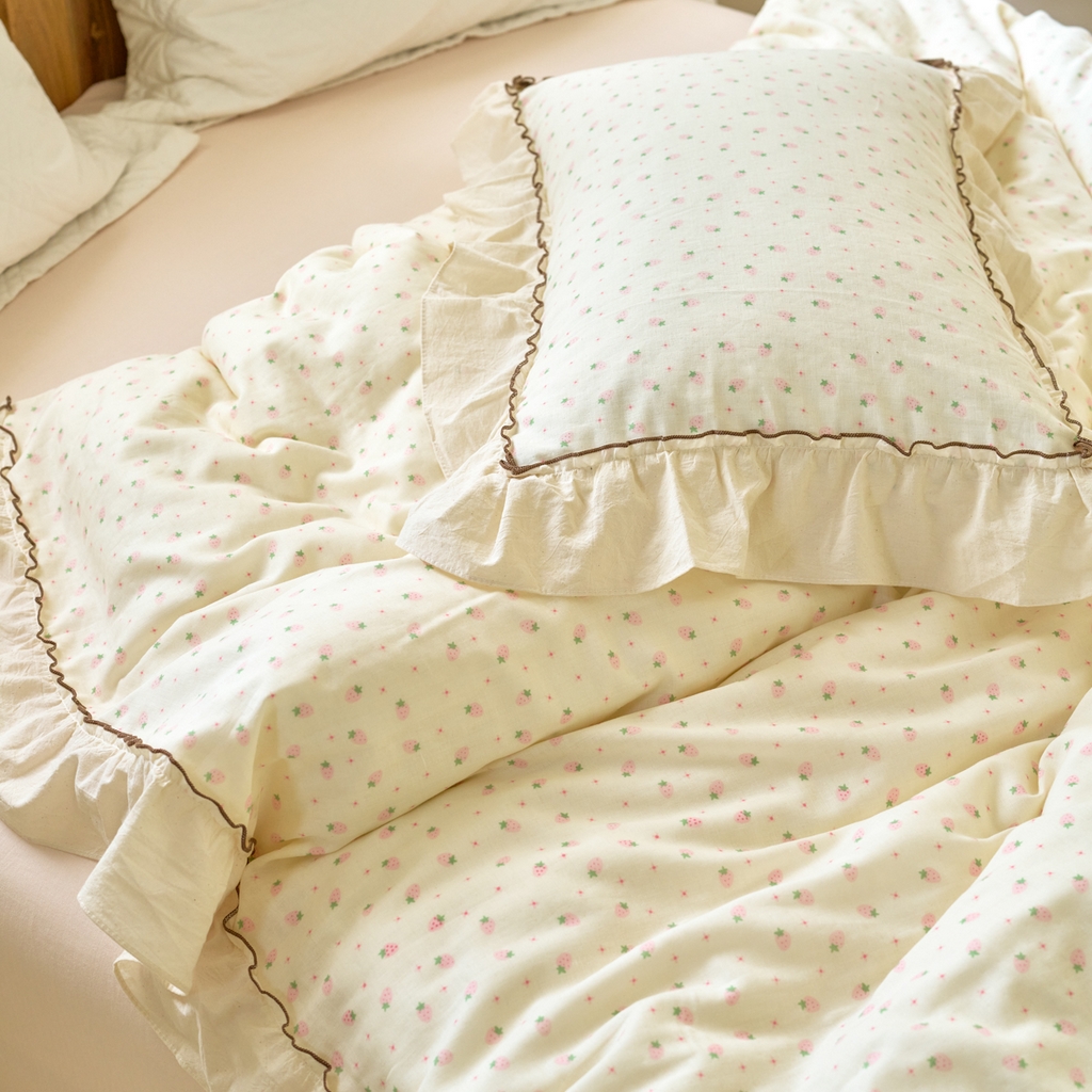 91家纺网 家纺一手货源 找家纺 洋铭区（原狠狠爱） 2025新款法式荷叶边全棉双层纱四件套系列 糖糖草莓