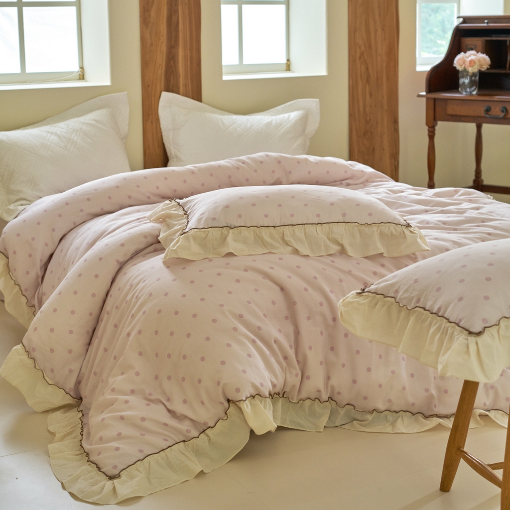 91家纺网 家纺一手货源 找家纺 洋铭区（原狠狠爱） 2025新款法式荷叶边全棉双层纱四件套系列 紫韵圆点