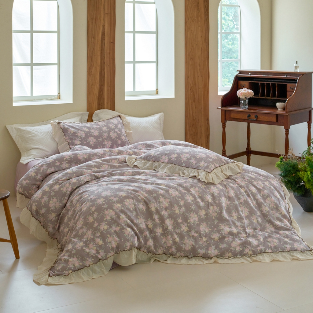 洋铭区（原狠狠爱） 2025新款法式荷叶边全棉双层纱四件套系列 柔情紫花