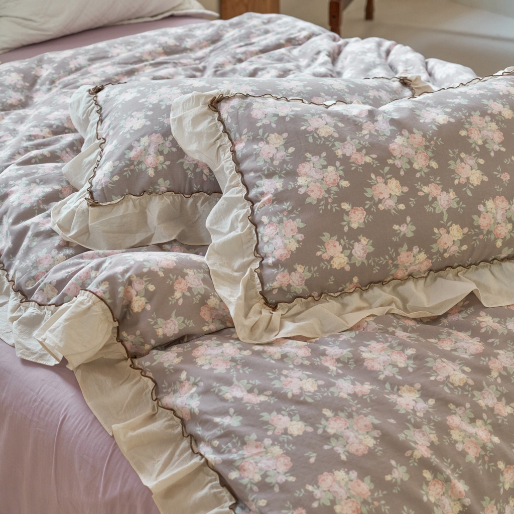 91家纺网 家纺一手货源 找家纺 洋铭区（原狠狠爱） 2025新款法式荷叶边全棉双层纱四件套系列 柔情紫花