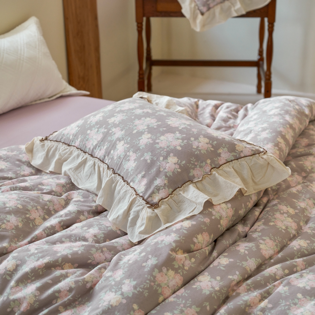 91家纺网 家纺一手货源 找家纺 洋铭区（原狠狠爱） 2025新款法式荷叶边全棉双层纱四件套系列 柔情紫花