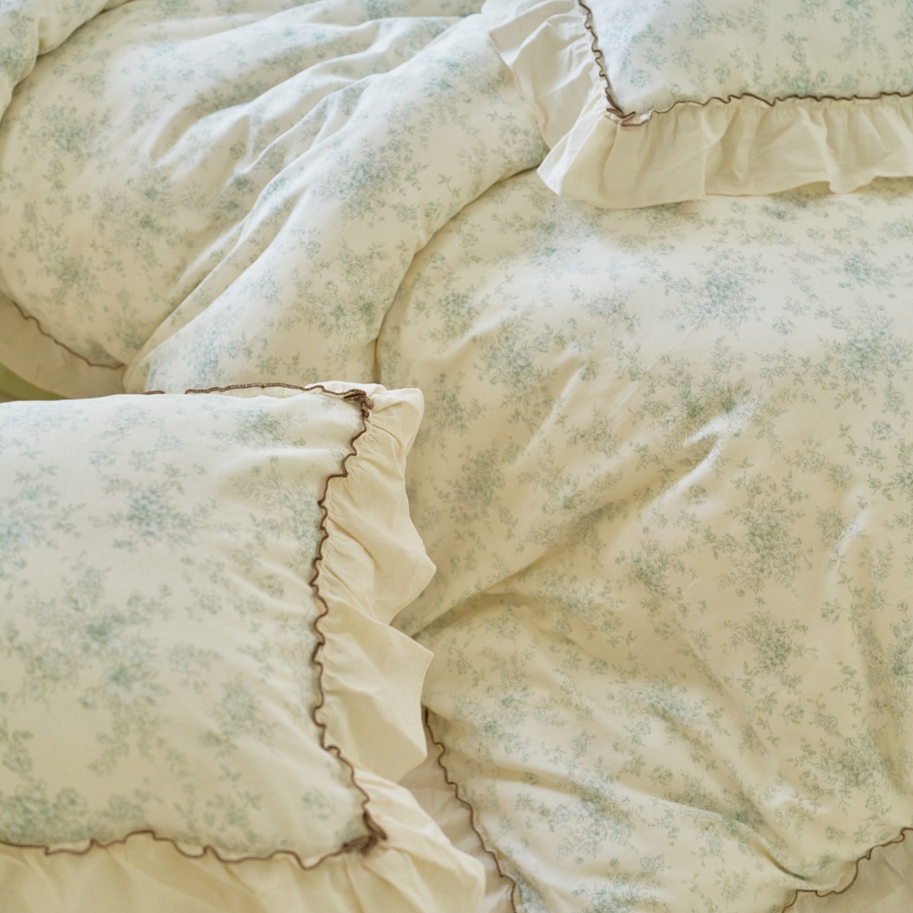 91家纺网 家纺一手货源 找家纺 洋铭区（原狠狠爱） 2025新款法式荷叶边全棉双层纱四件套系列 茉莉花枝