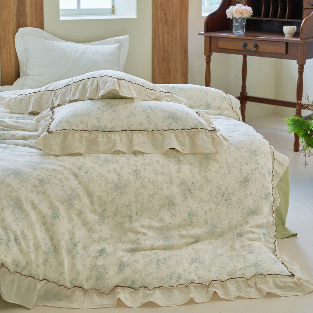 91家纺网 家纺一手货源 找家纺 洋铭区（原狠狠爱） 2025新款法式荷叶边全棉双层纱四件套系列 茉莉花枝