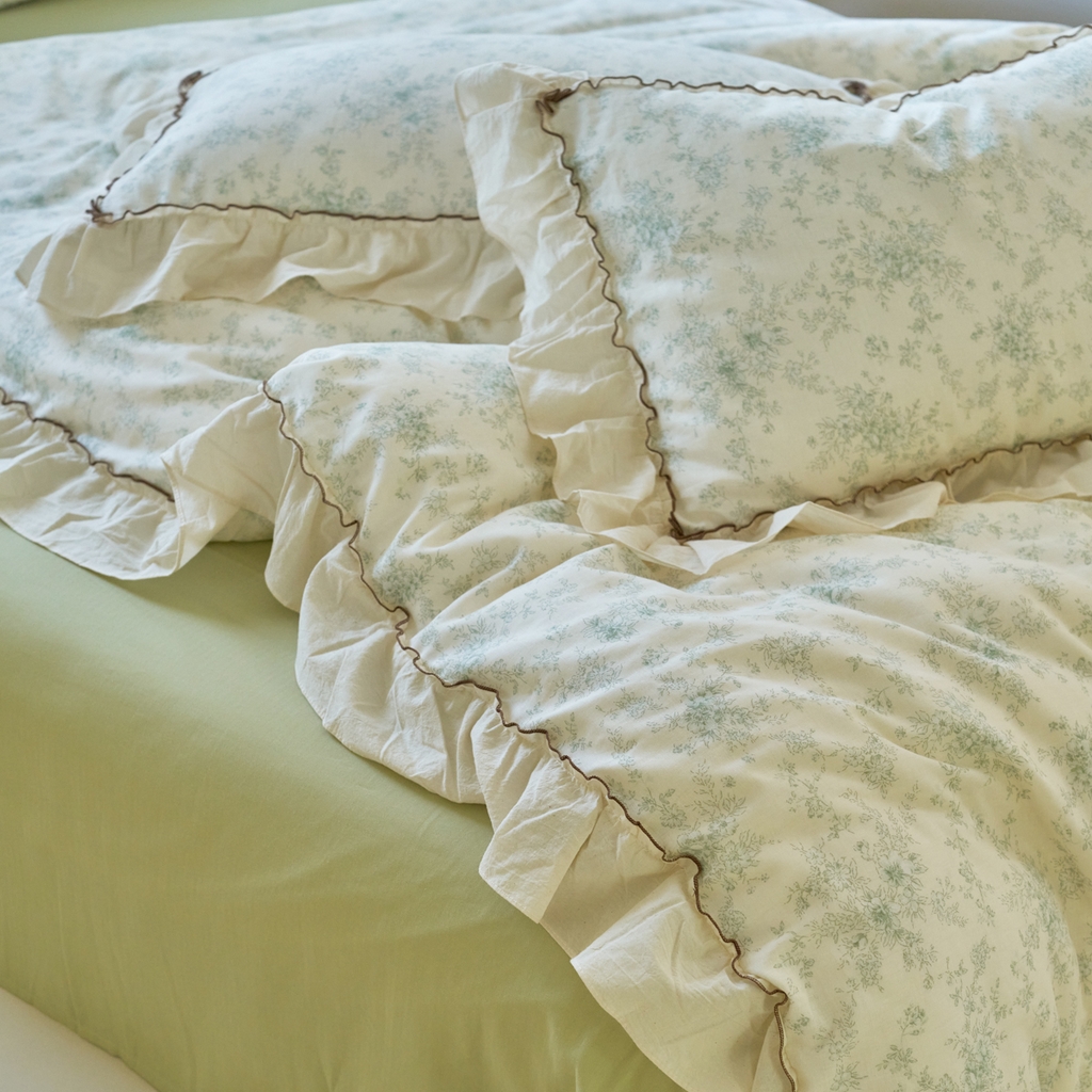 91家纺网 家纺一手货源 找家纺 洋铭区（原狠狠爱） 2025新款法式荷叶边全棉双层纱四件套系列 茉莉花枝