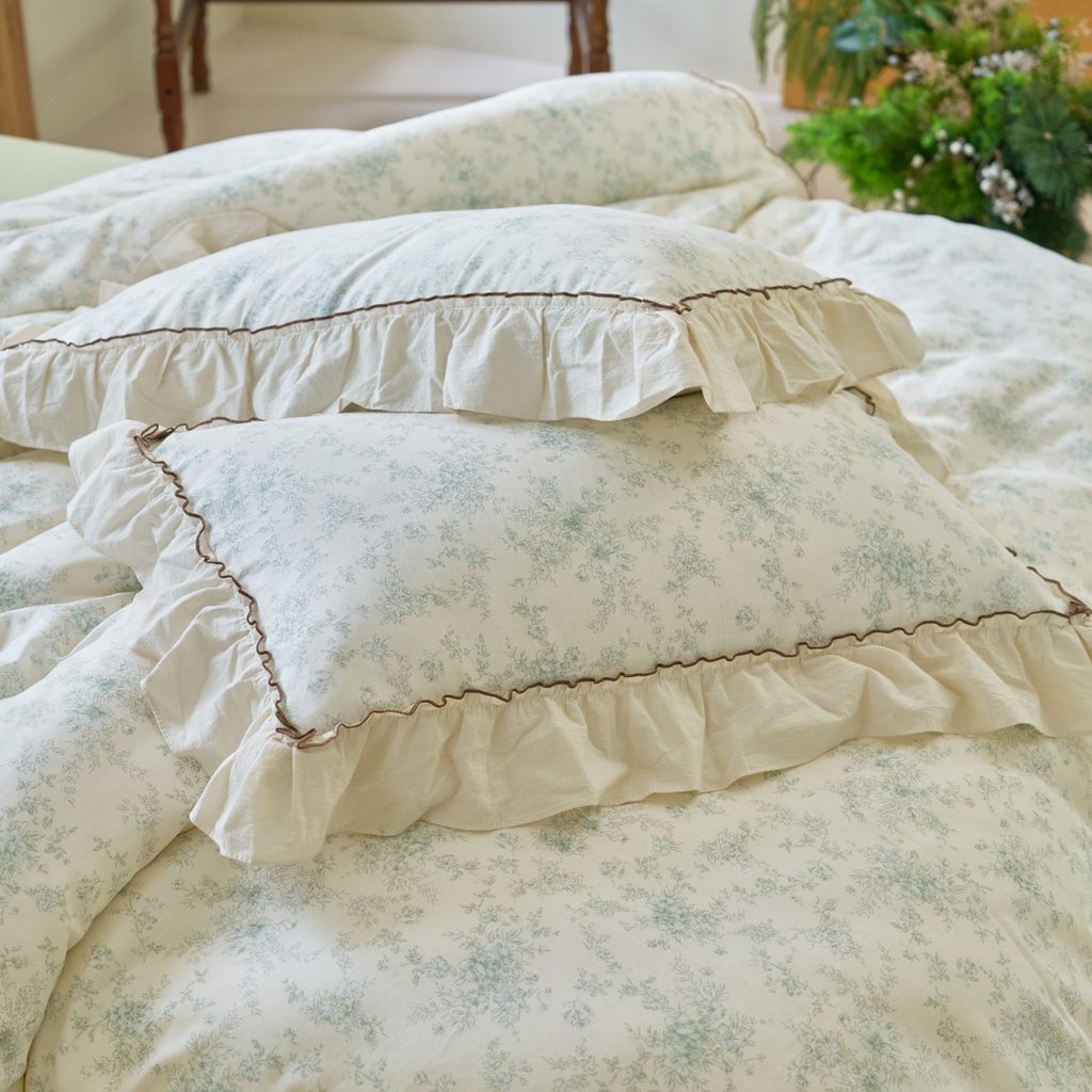 91家纺网 家纺一手货源 找家纺 洋铭区（原狠狠爱） 2025新款法式荷叶边全棉双层纱四件套系列 茉莉花枝