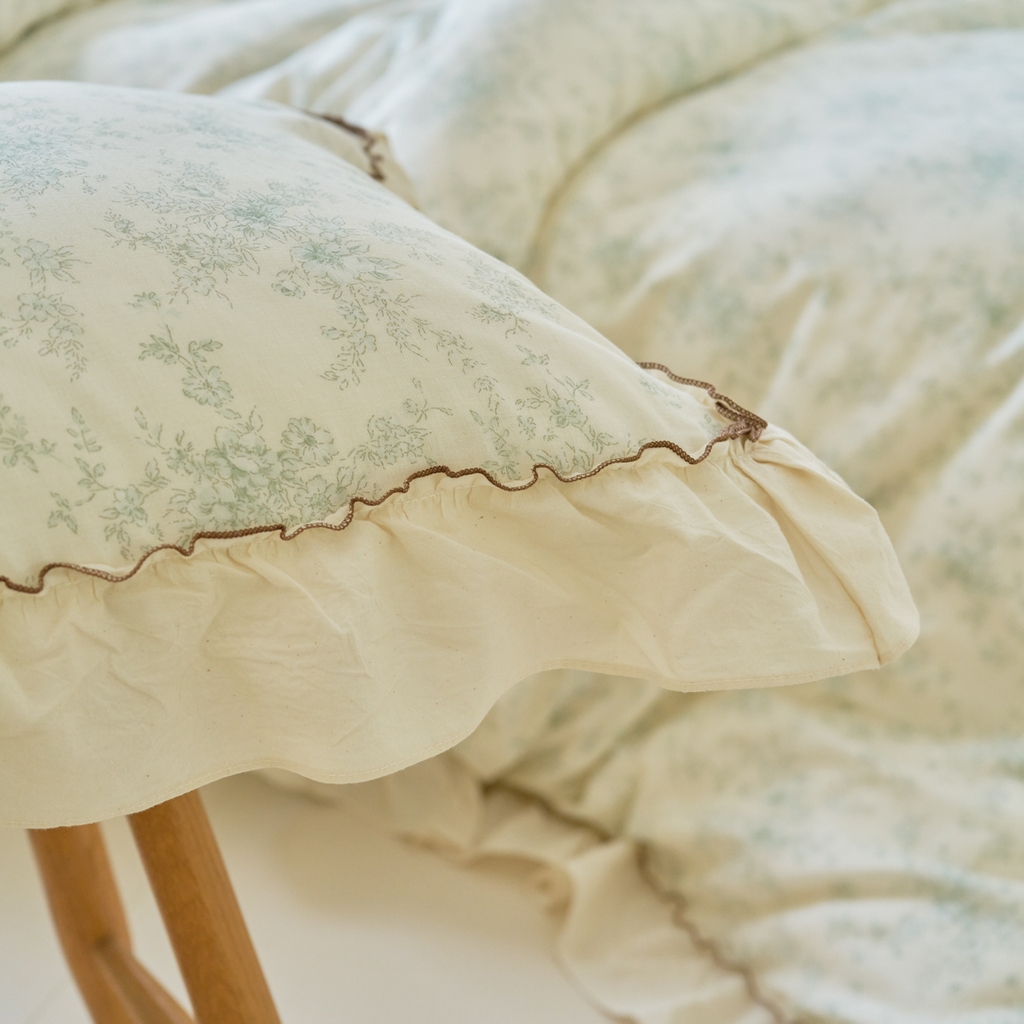 91家纺网 家纺一手货源 找家纺 洋铭区（原狠狠爱） 2025新款法式荷叶边全棉双层纱四件套系列 茉莉花枝