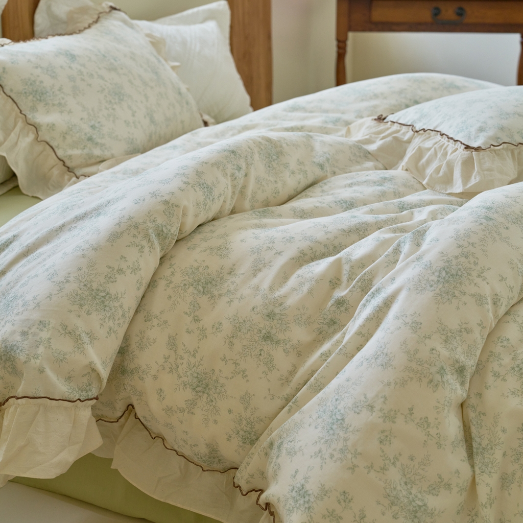 91家纺网 家纺一手货源 找家纺 洋铭区（原狠狠爱） 2025新款法式荷叶边全棉双层纱四件套系列 茉莉花枝