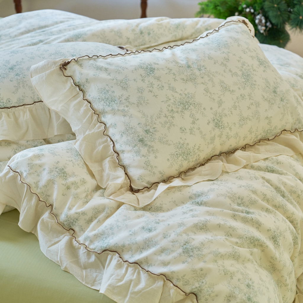 91家纺网 家纺一手货源 找家纺 洋铭区（原狠狠爱） 2025新款法式荷叶边全棉双层纱四件套系列 茉莉花枝