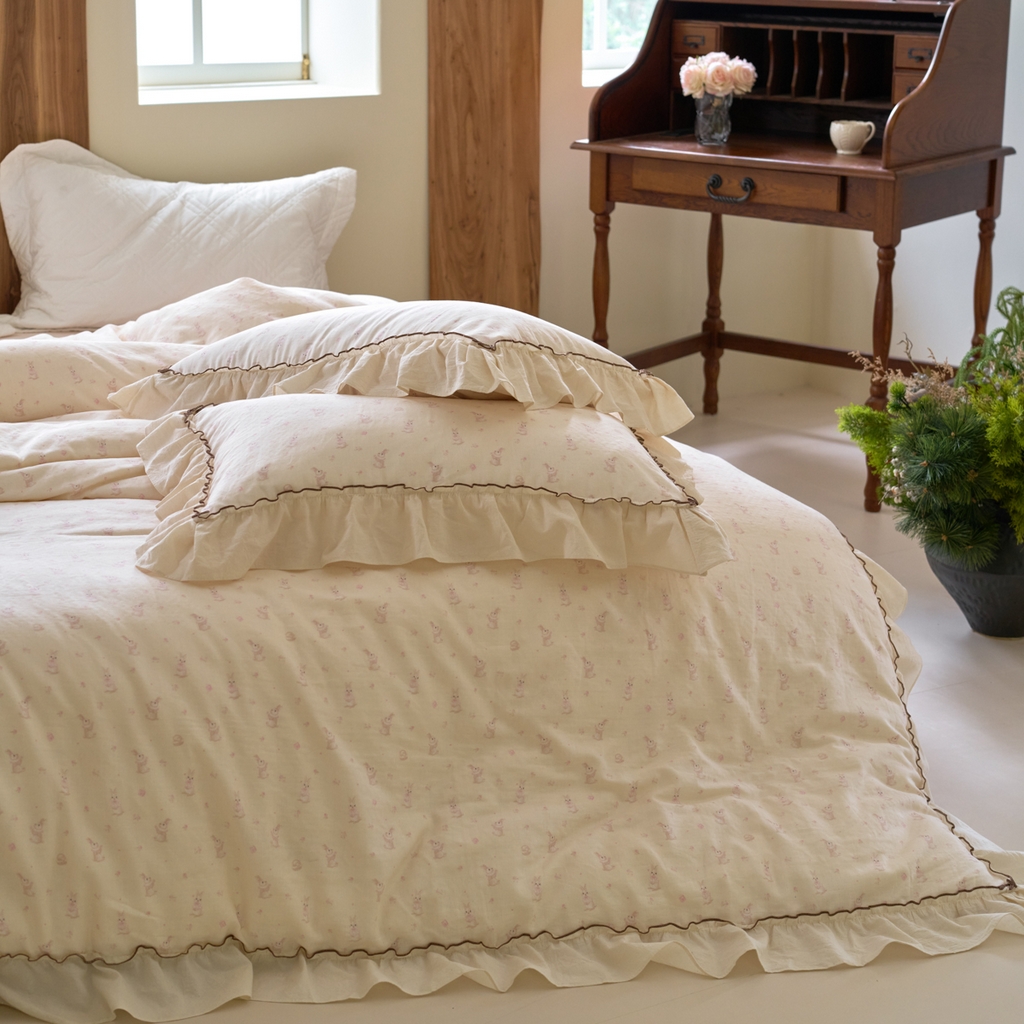 91家纺网 家纺一手货源 找家纺 洋铭区（原狠狠爱） 2025新款法式荷叶边全棉双层纱四件套系列 玫瑰小兔