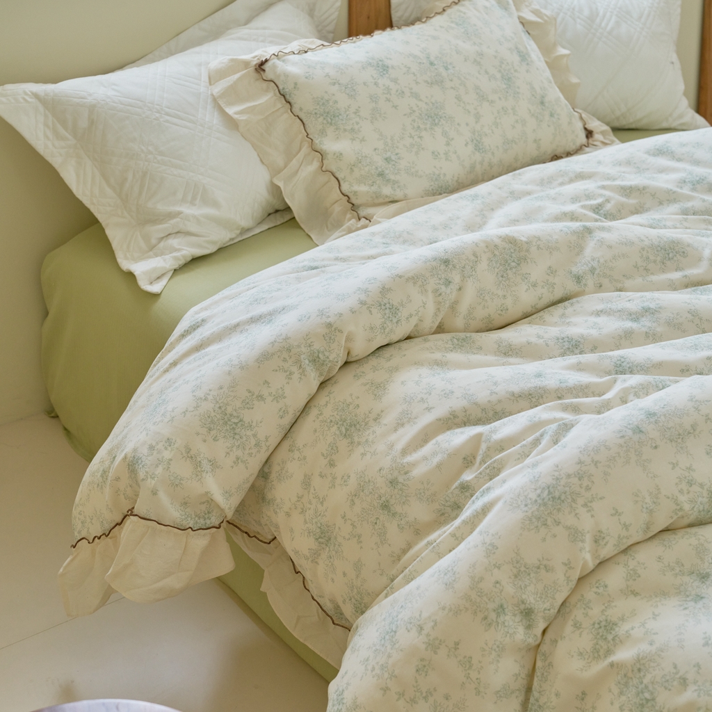 91家纺网 家纺一手货源 找家纺 洋铭区（原狠狠爱） 2025新款法式荷叶边全棉双层纱四件套系列 茉莉花枝