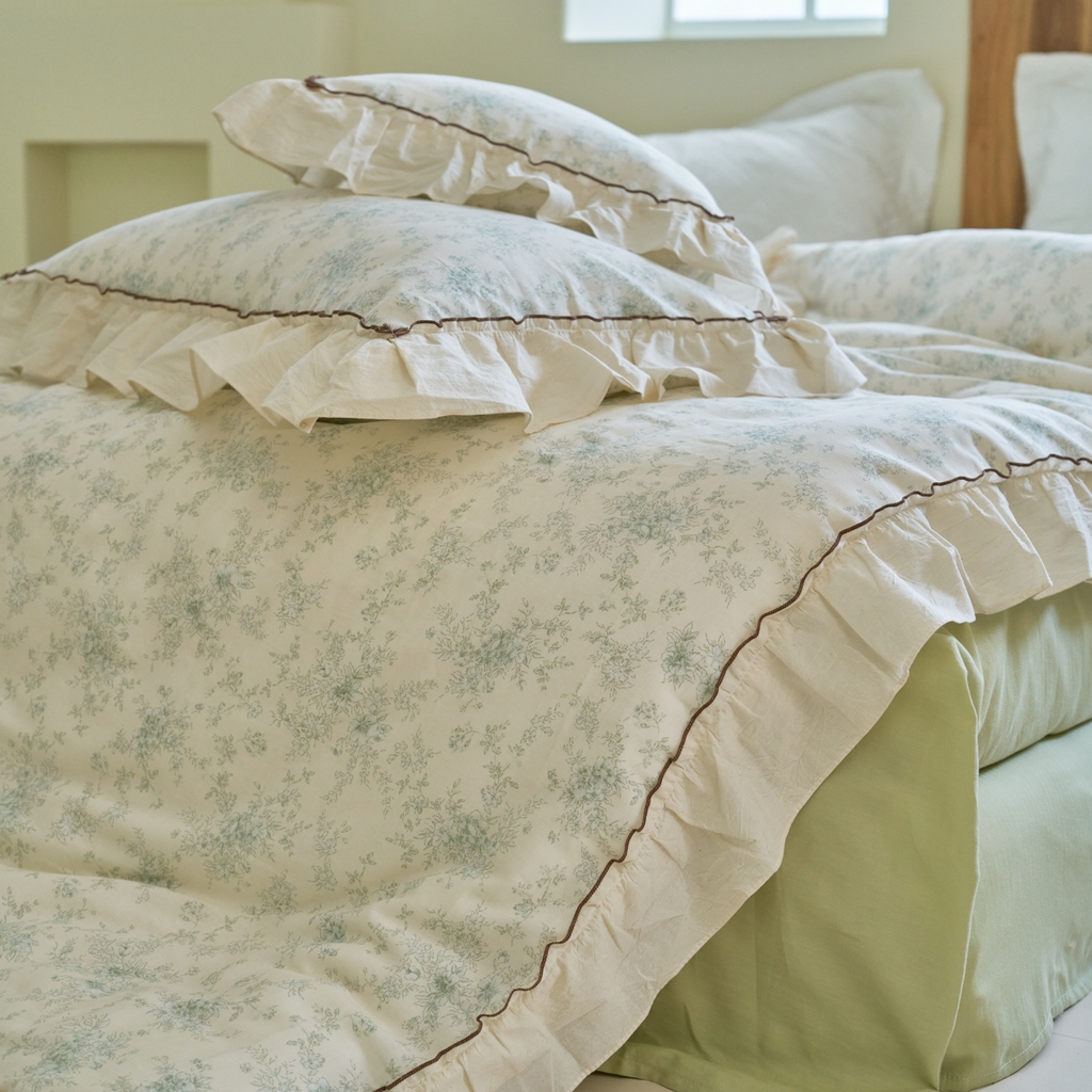 91家纺网 家纺一手货源 找家纺 洋铭区（原狠狠爱） 2025新款法式荷叶边全棉双层纱四件套系列 茉莉花枝