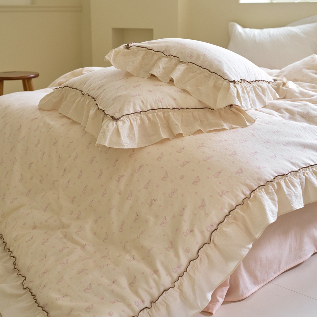 91家纺网 家纺一手货源 找家纺 洋铭区（原狠狠爱） 2025新款法式荷叶边全棉双层纱四件套系列 玫瑰小兔