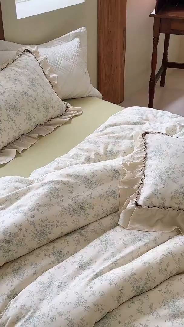 91家纺网 家纺一手货源 找家纺 洋铭区（原狠狠爱） 2025新款法式荷叶边全棉双层纱四件套系列 茉莉花枝