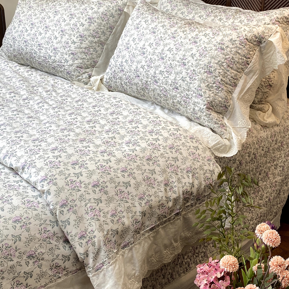 91家纺网 家纺一手货源 找家纺 奈萝家纺 2025新款13372全棉法式大花边床盖被套四件套 艾薇