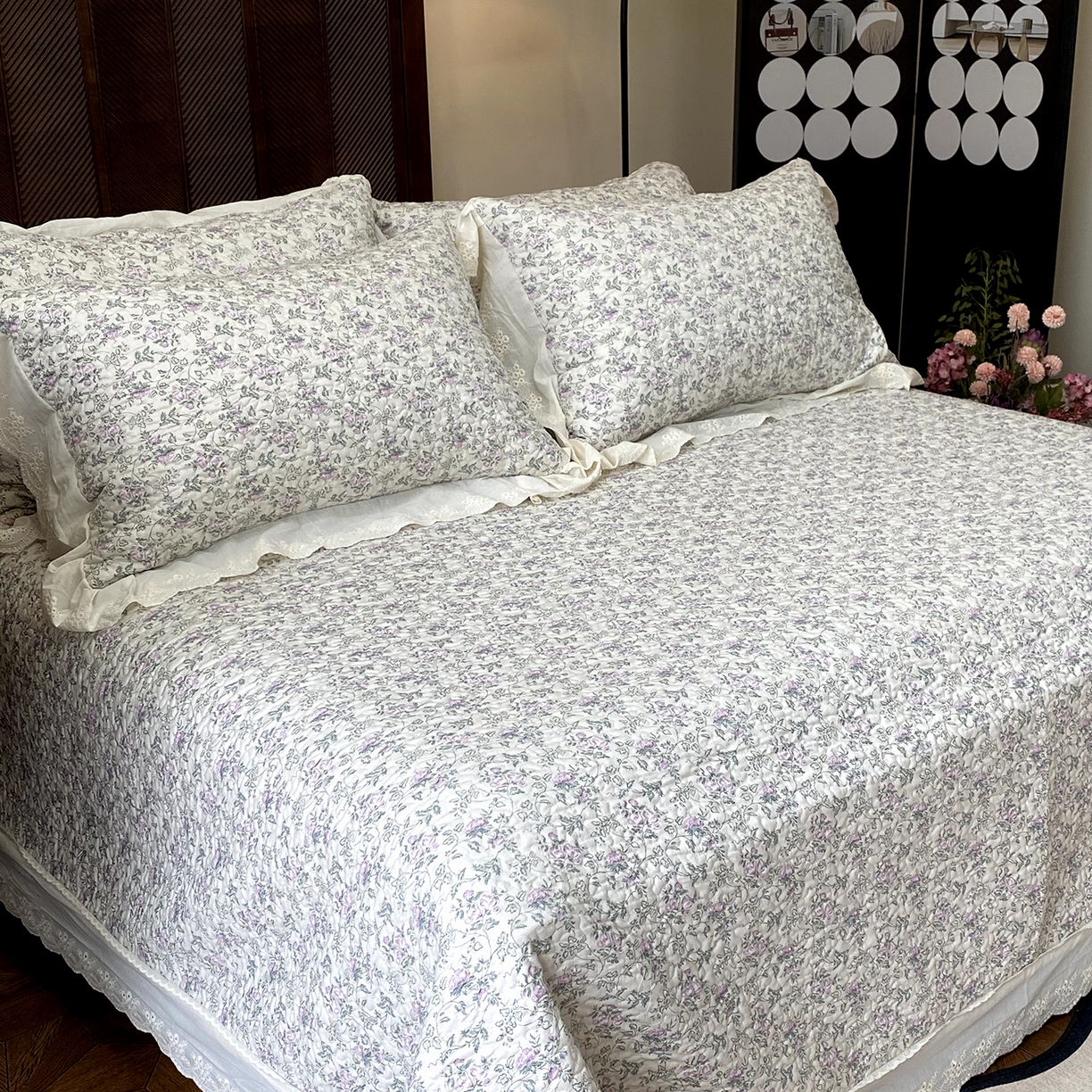 91家纺网 家纺一手货源 找家纺 奈萝家纺 2025新款13372全棉法式大花边床盖被套四件套 艾薇