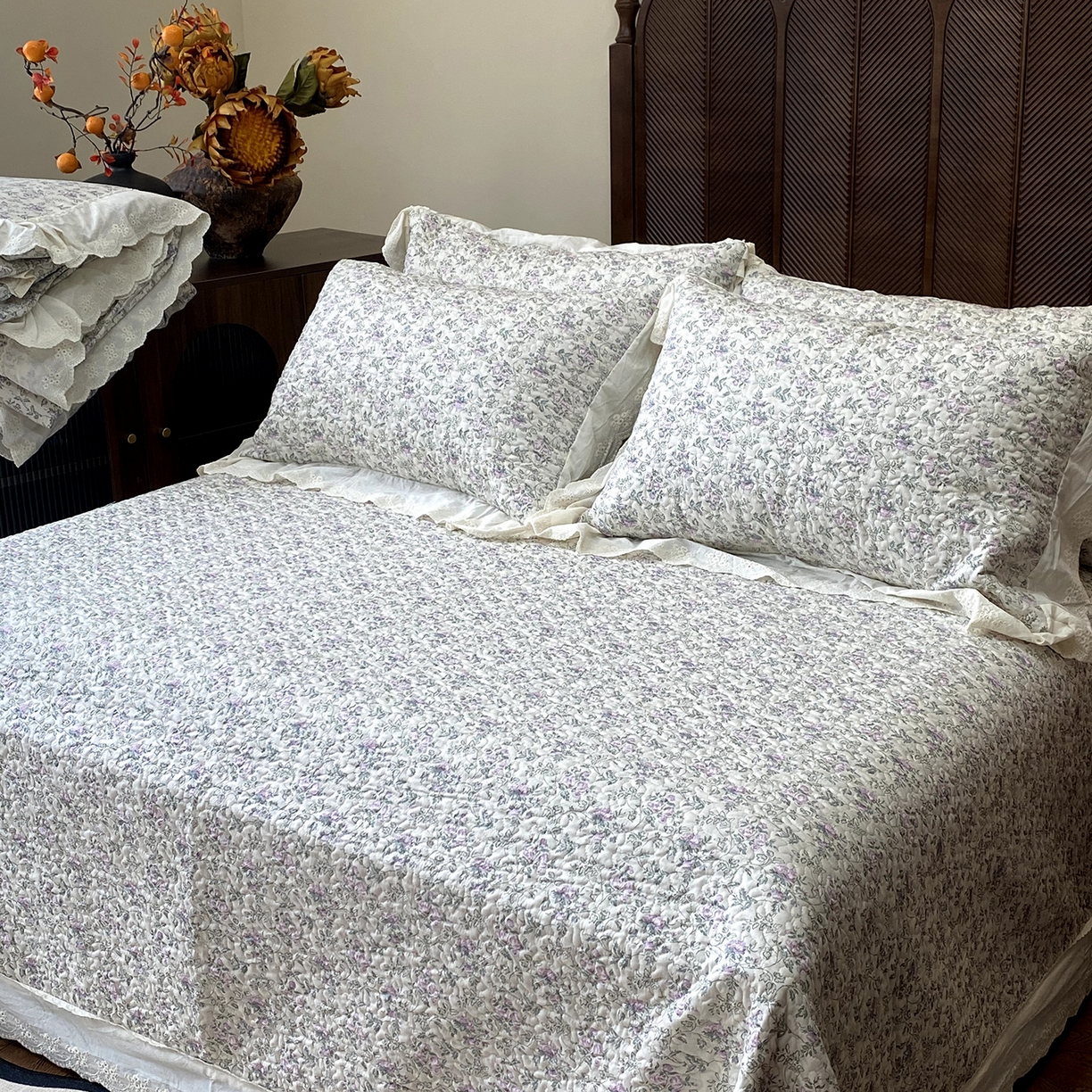 91家纺网 家纺一手货源 找家纺 奈萝家纺 2025新款13372全棉法式大花边床盖被套四件套 艾薇