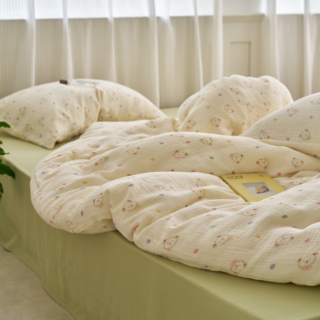 91家纺网 家纺一手货源 找家纺 洋铭区（原狠狠爱） 2025新款皱皱纱A类全棉人字纹四件套系列 精灵小熊