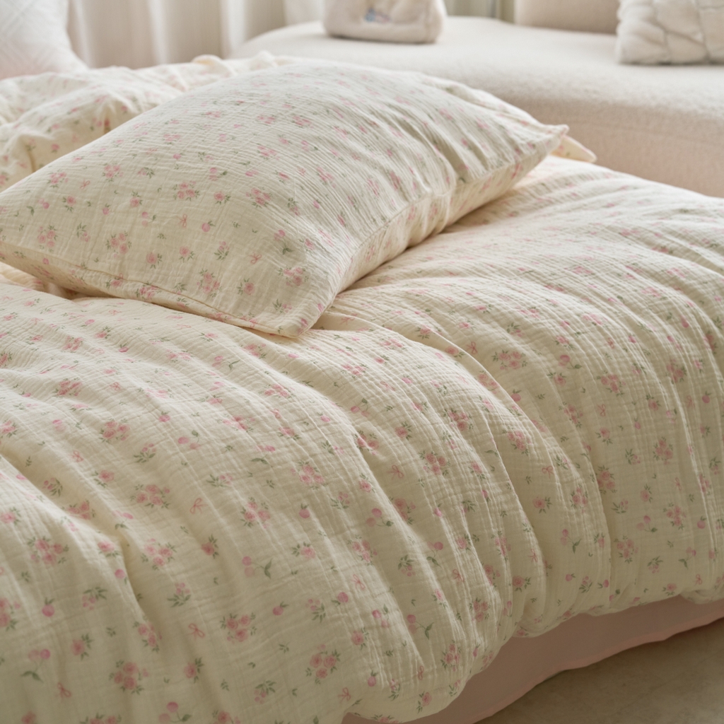 91家纺网 家纺一手货源 找家纺 洋铭区（原狠狠爱） 2025新款皱皱纱A类全棉人字纹四件套系列 珊瑚粉花