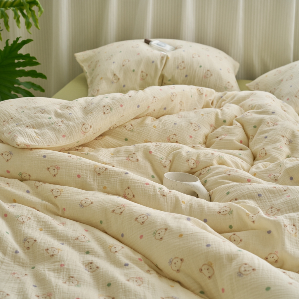 91家纺网 家纺一手货源 找家纺 洋铭区（原狠狠爱） 2025新款皱皱纱A类全棉人字纹四件套系列 精灵小熊