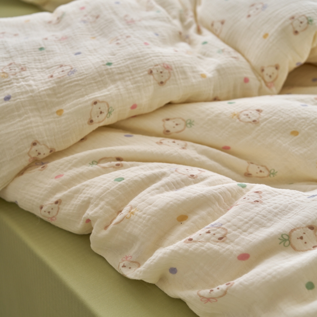 91家纺网 家纺一手货源 找家纺 洋铭区（原狠狠爱） 2025新款皱皱纱A类全棉人字纹四件套系列 精灵小熊