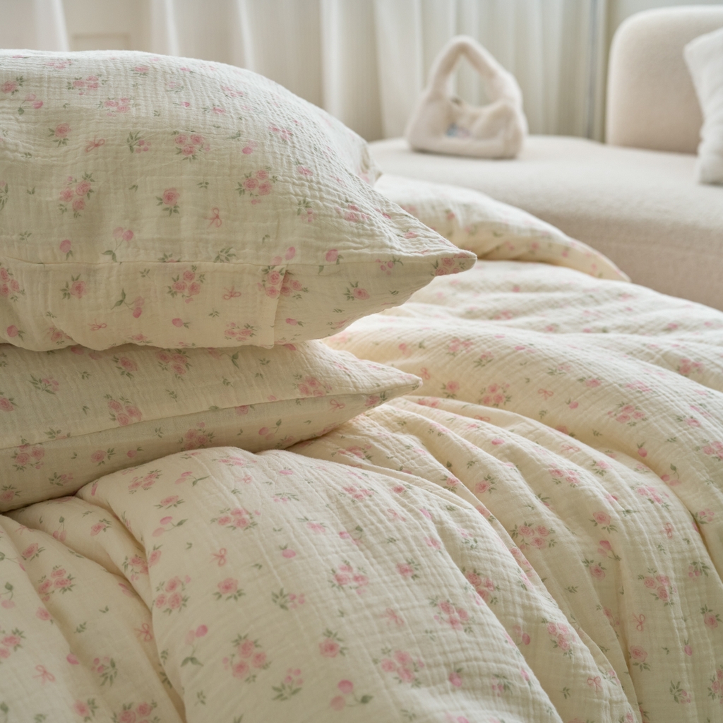 91家纺网 家纺一手货源 找家纺 洋铭区（原狠狠爱） 2025新款皱皱纱A类全棉人字纹四件套系列 珊瑚粉花