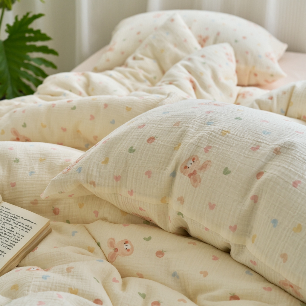 91家纺网 家纺一手货源 找家纺 洋铭区（原狠狠爱） 2025新款皱皱纱A类全棉人字纹四件套系列 萌兔果果