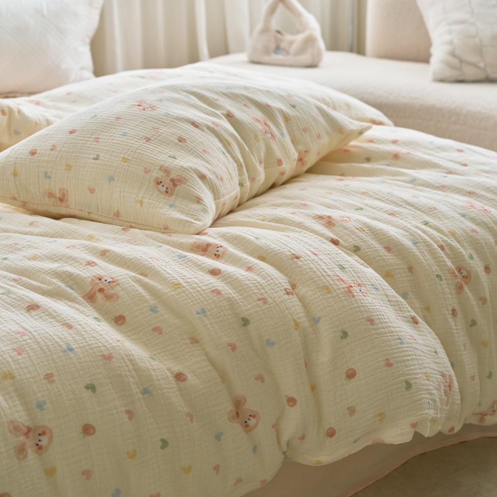 91家纺网 家纺一手货源 找家纺 洋铭区（原狠狠爱） 2025新款皱皱纱A类全棉人字纹四件套系列 萌兔果果