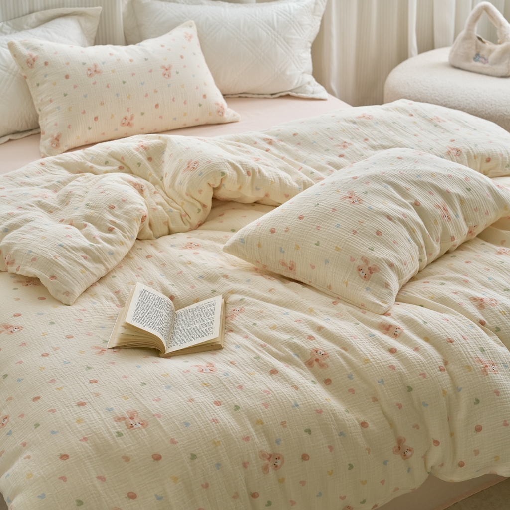 91家纺网 家纺一手货源 找家纺 洋铭区（原狠狠爱） 2025新款皱皱纱A类全棉人字纹四件套系列 萌兔果果