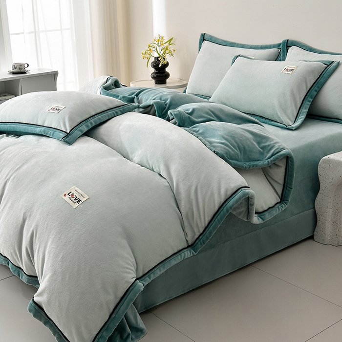 91家纺网 家纺一手货源 找家纺 （总）妮恒美家纺 2025新款高克重直播纯色牛奶绒宽边工艺款四件套