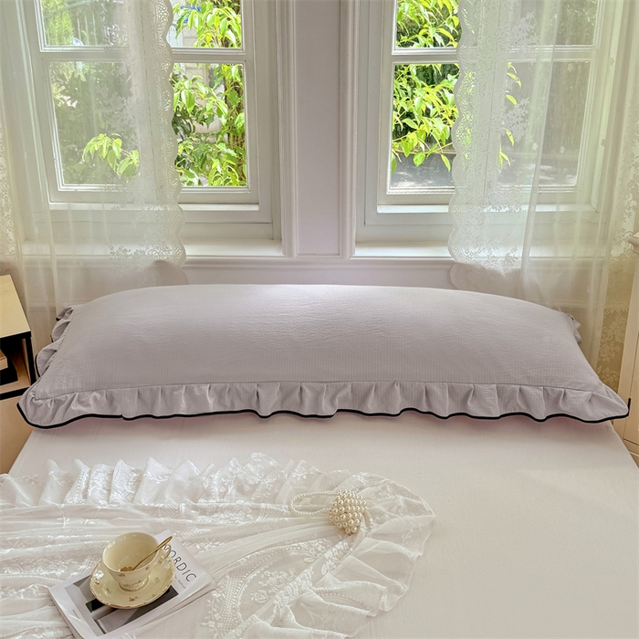 91家纺网 家纺一手货源 找家纺 梦舒羽 2025新款云感双层纱双人花边枕套情侣双人1.5m枕芯套1.8床枕头套 梦境灰