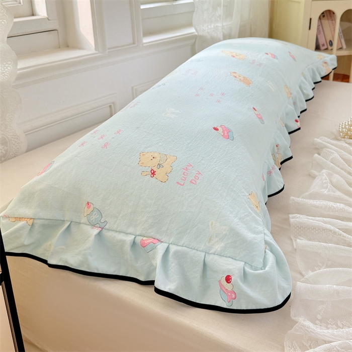 91家纺网 家纺一手货源 找家纺 梦舒羽 2025新款云感双层纱双人花边枕套情侣双人1.5m枕芯套1.8床枕头套 甜心小狗