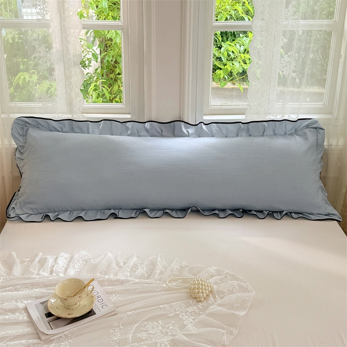 91家纺网 家纺一手货源 找家纺 梦舒羽 2025新款云感双层纱双人花边枕套情侣双人1.5m枕芯套1.8床枕头套 夏日蓝