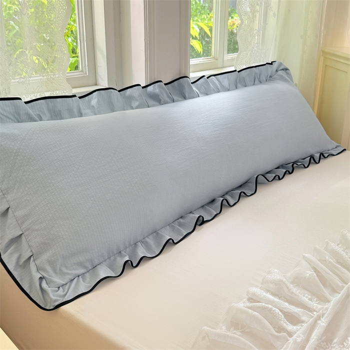 91家纺网 家纺一手货源 找家纺 梦舒羽 2025新款云感双层纱双人花边枕套情侣双人1.5m枕芯套1.8床枕头套 夏日蓝