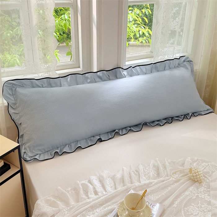 91家纺网 家纺一手货源 找家纺 梦舒羽 2025新款云感双层纱双人花边枕套情侣双人1.5m枕芯套1.8床枕头套 夏日蓝