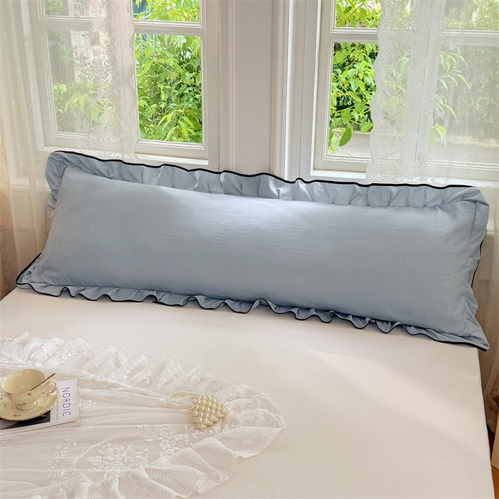 91家纺网 家纺一手货源 找家纺 梦舒羽 2025新款云感双层纱双人花边枕套情侣双人1.5m枕芯套1.8床枕头套 夏日蓝