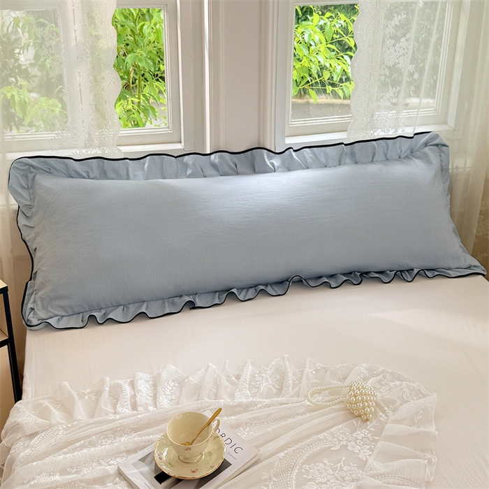 91家纺网 家纺一手货源 找家纺 梦舒羽 2025新款云感双层纱双人花边枕套情侣双人1.5m枕芯套1.8床枕头套 夏日蓝