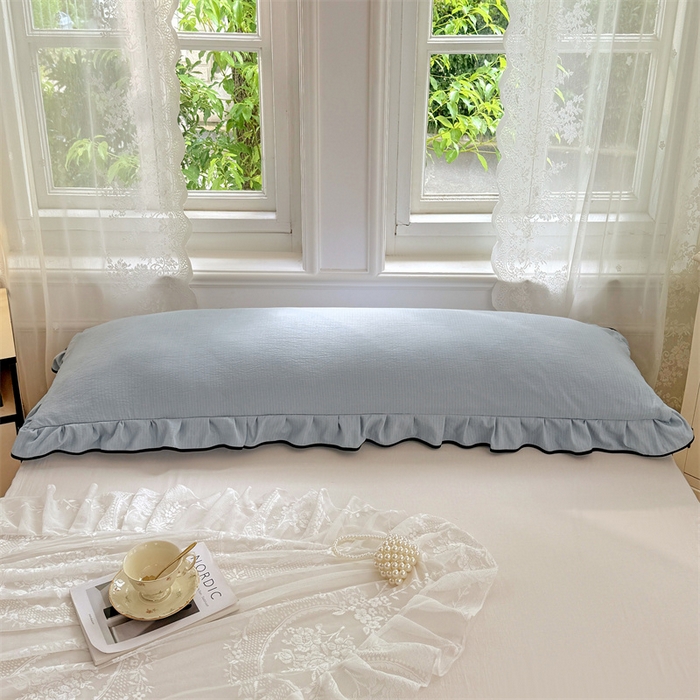 91家纺网 家纺一手货源 找家纺 梦舒羽 2025新款云感双层纱双人花边枕套情侣双人1.5m枕芯套1.8床枕头套 夏日蓝