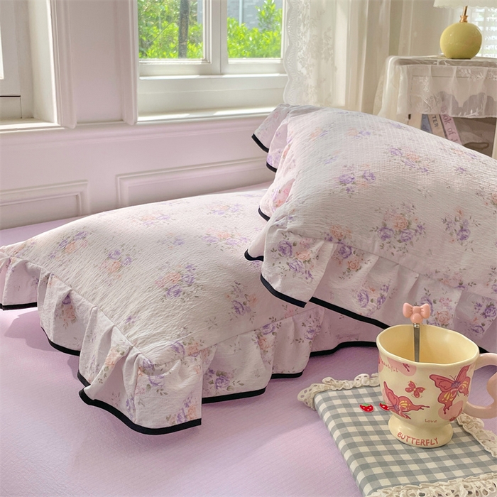 91家纺网 家纺一手货源 找家纺 梦舒羽 2025新款云感双层纱花边枕套宿舍学生48x74一对枕芯内胆套 紫薇花园