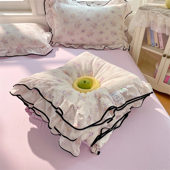 91家纺网 家纺一手货源 找家纺 梦舒羽 2025新款云感双层纱花边枕套宿舍学生48x74一对枕芯内胆套 紫薇花园