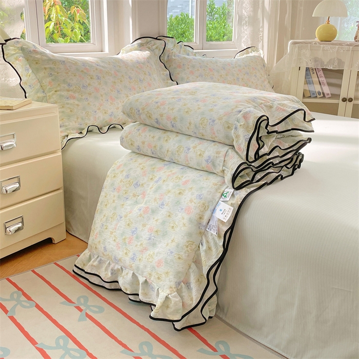 91家纺网 家纺一手货源 找家纺 梦舒羽 2025新款云感双层纱花边枕套宿舍学生48x74一对枕芯内胆套 春日初见