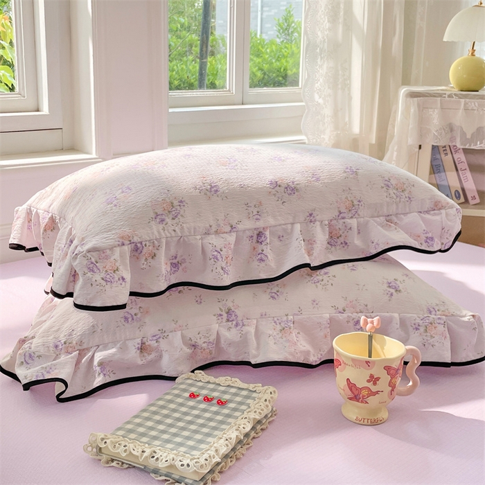 91家纺网 家纺一手货源 找家纺 梦舒羽 2025新款云感双层纱花边枕套宿舍学生48x74一对枕芯内胆套 紫薇花园